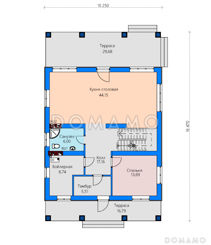 Проект дома с террасами и балконами, спальней на первом этаже, большой кухней столовой, просторным холлом / План 1 этажа