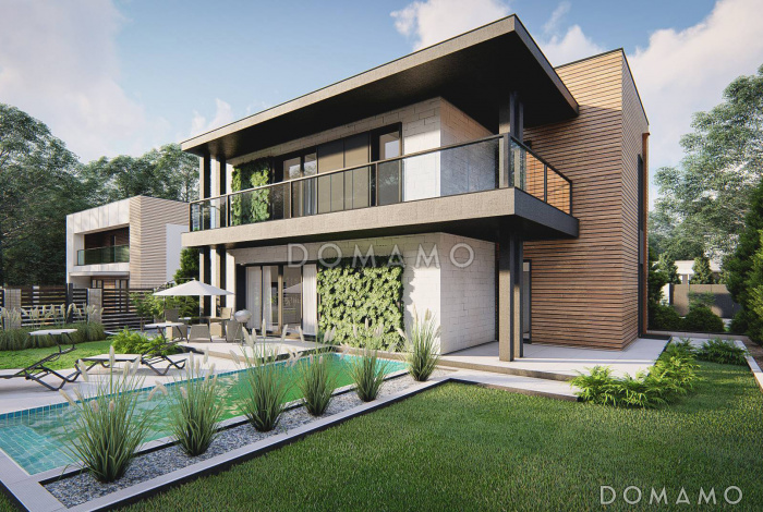 Проект двухэтажного загородного дома с подвалом, гаражом, кладовой, балконами