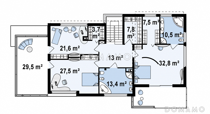 Проект современного двухэтажного дома в стиле хай-тек из кирпича с плоской крышей, балконом и гаражом с двумя отдельными въездами / План 2 этажа