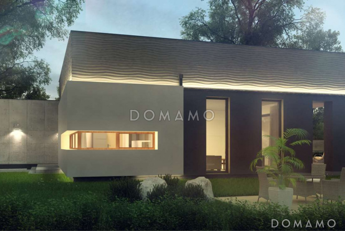 Проект современного одноэтажного дома из кирпича с плоской крышей с тремя спальнями, частично крытой террасой и одноместным гаражом