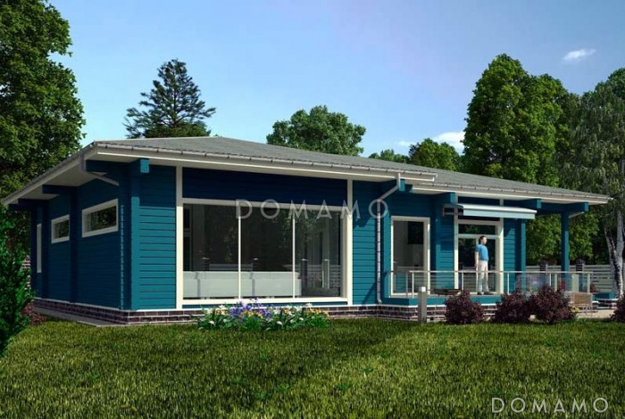 Проект дома из клееного бруса с широкими французскими окнами в пол