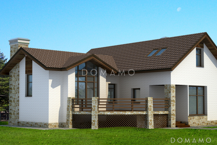 Одноэтажный дом с полукруглой террасой, просторной гостиной и кухней-столовой