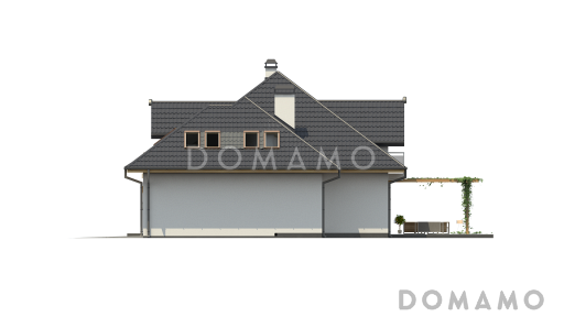 Проект классического одноэтажного мансардного дома из газобетона с дополнительной спальней на первом этаже, с тремя балконами и гаражом на два автомобиля / Фасад 2