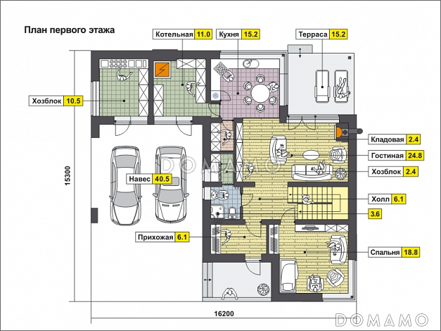 Проект дома с навесом на две машины, крытой террасой, спальней на первом этаже, балконом / План 1 этажа