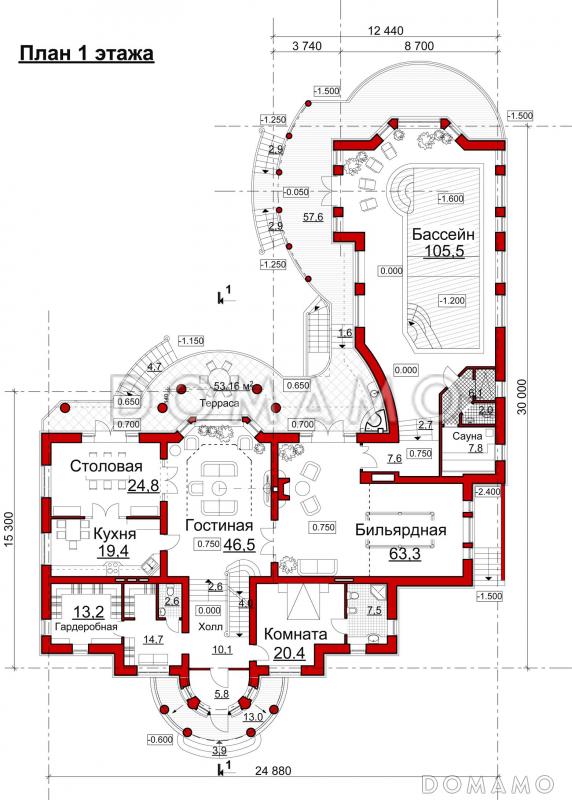 Проект коттеджа с двусветной гостиной, бильярдной и бассейном / План 1 этажа