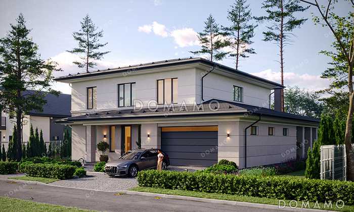 Проект двухэтажного дома с гаражом, 5 спальнями и угловой крытой террасой 