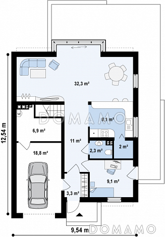 Проект просторного современного одноэтажного дома из газобетона  с мансардой, с двумя балконами в кровле и встроенным гаражом  / План 1 этажа