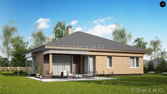 Проект одноэтажного дома из кирпича со стеклянным эркером в просторной гостиной и гаражом на два автомобиля с кирпичной облицовкой