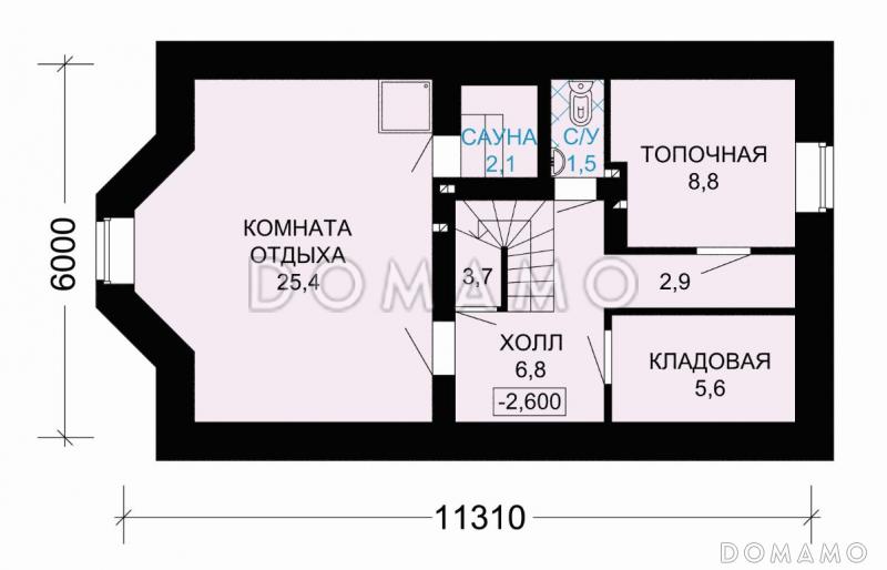 Проект кирпичного дома с полукруглым окном на мансардном этаже / План цокольного этажа