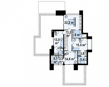 Проект большого современного двухэтажного дома из кирпича с четырьмя спальнями, кабинетом и гаражом для участка с рельефом / План 2 этажа