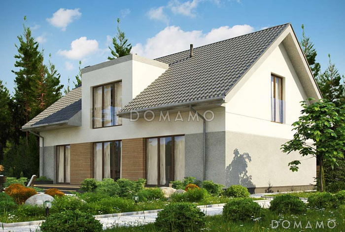 Проект комфортного одноэтажного мансардного дома из газобетона с гаражом и террасой над ним