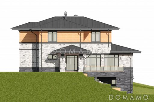 Проект дома с гаражом на 2 машины и навесом, сауной, террасой, кабинетом, детской / Фасад 3