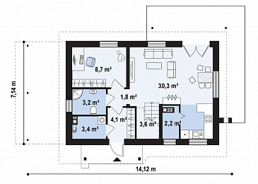Проект одноэтажного мансардного дома из газобетона с балконом и навесом для автомобиля, с увеличенной гостиной / План 1 этажа