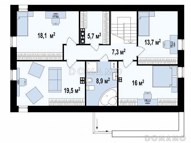 Проект современного мансардного дома из кирпича с пятью комнатами и гаражом / План мансардного этажа