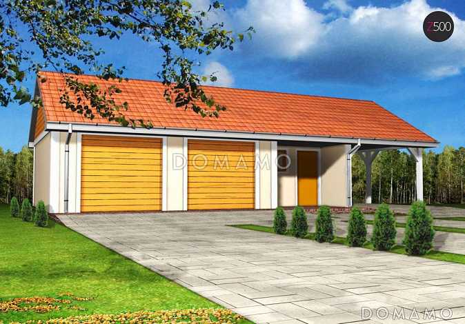 Проект гаража из кирпича для двух авто с отдельными воротами, техническим помещением и навесом