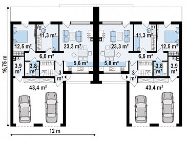 Проект современных мансардных домов-близнецов из газобетона с большим гаражом, открытой террасой на втором этаже и четырьмя спальнями / План 1 этажа