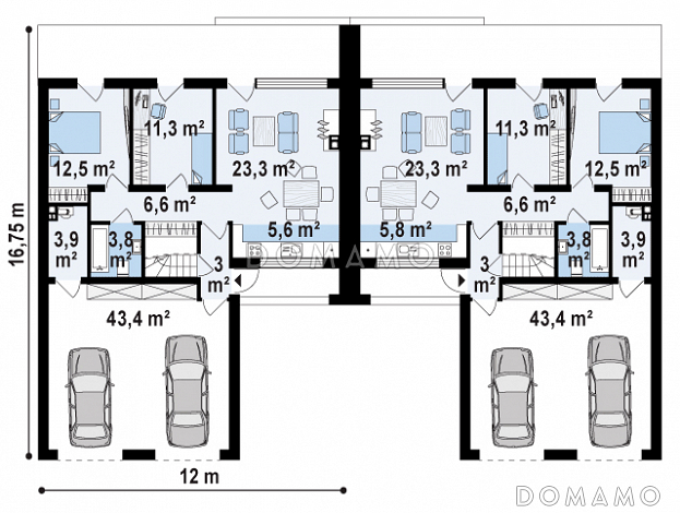 Проект современных мансардных домов-близнецов из газобетона с большим гаражом, открытой террасой на втором этаже и четырьмя спальнями / План 1 этажа