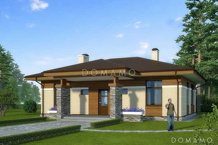 Проект одноэтажного дома с двуцветной облицовкой и большим эркером гостиной