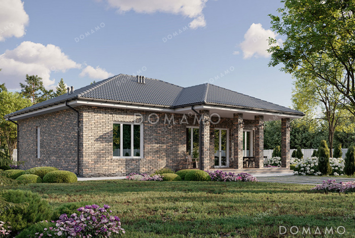 Проект одноэтажного дома с тремя спальнями, большой террасой и сауной