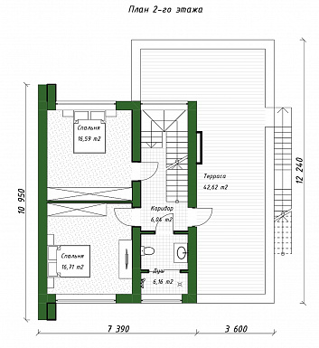 Проект двухэтажного дома из газобетона в стиле хай-тек со встроенным гаражом и открытой террасой на втором этаже / План 2 этажа