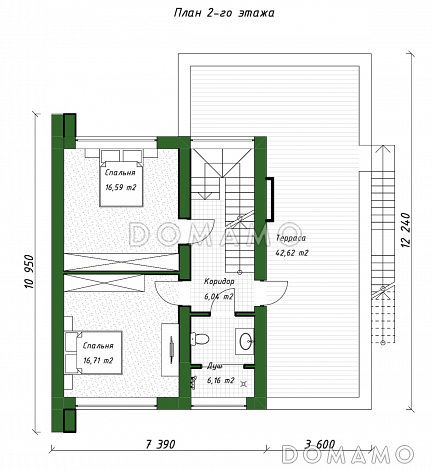 Проект двухэтажного дома из газобетона в стиле хай-тек со встроенным гаражом и открытой террасой на втором этаже / План 2 этажа