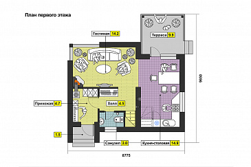 Проект дома с террасой, гостиной с камином, ванной с окном, кухней-столовой / План 1 этажа