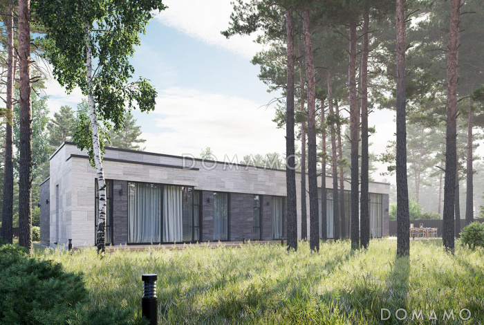 Проект современного каркасного дома с длинной террасой, навесом для автомобиля и тремя спальнями