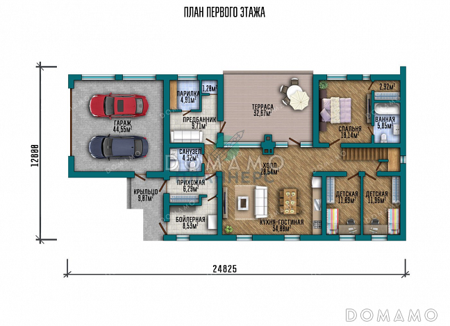 Проект двухэтажного дома с террасой и гаражом на два автомобиля / План 1 этажа