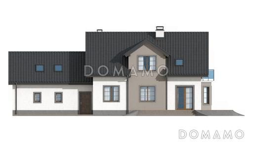 Проект одноэтажного мансардного дома из кирпича с кабинетом, эркером, балконом над ним и гаражом на два автомобиля / Фасад 3