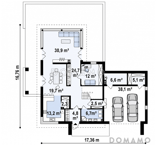 Проект современного двухэтажного дома из газобетона с плоской крышей с гаражом для двух автомобилей и террасами на обоих уровнях / План 1 этажа