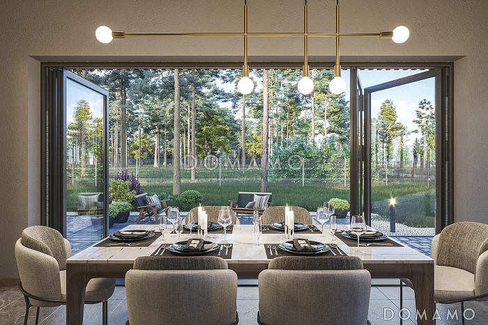 Проект дома из газобетона с навесом для автомобилей, мастер-спальней, совмещенной гостиной-столовой и кухней