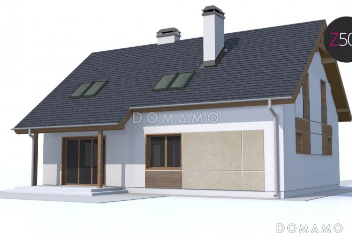 Проект одноэтажного мансардного дома из кирпича с эркером в столовой зоне, кабинетом и со встроенным гаражом