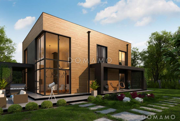 Проект современного двухэтажного дома из кирпича с плоской крышей, четырьмя комнатами, вторым светом и гаражом