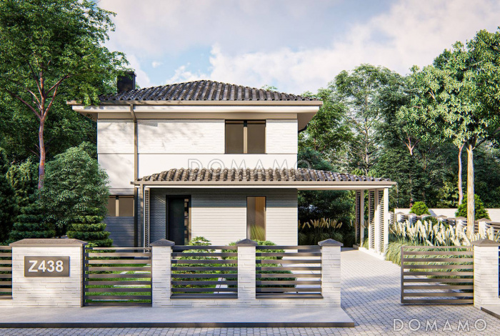 Проект двухэтажного загородного дома с кабинетом, зоной кухни с окном, гостиной с выходом на крытую террасу