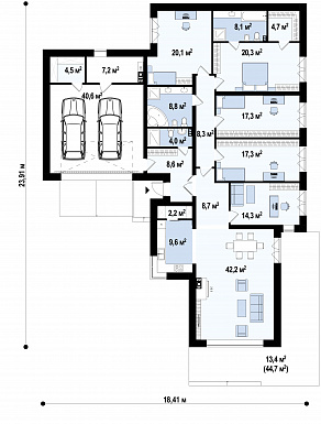 Проект загородного дома с гаражом на 2 машины и кладовой, просторной гостиной, кухней с угловым окном и кладовой, террасой / План 1 этажа