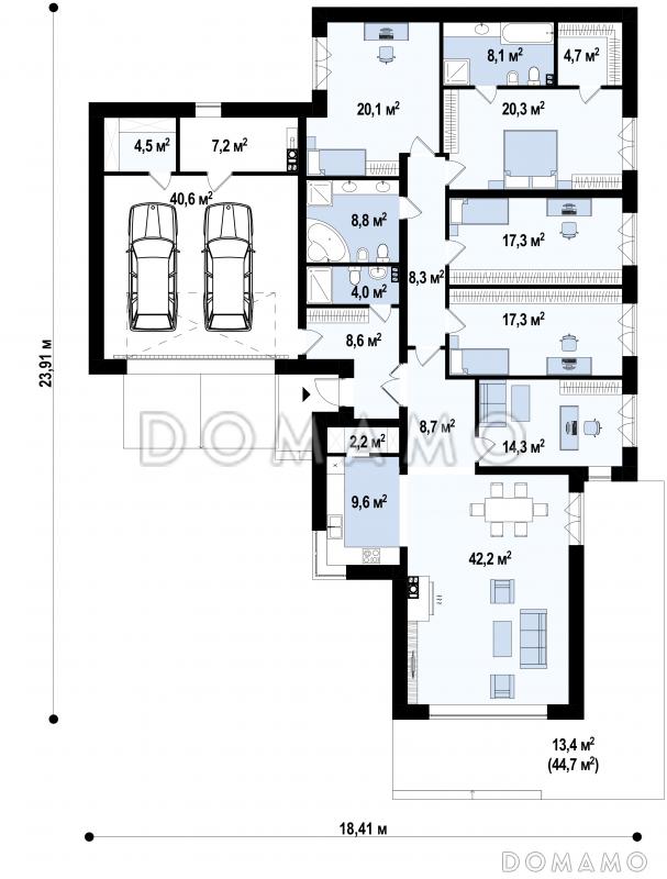 Проект загородного дома с гаражом на 2 машины и кладовой, просторной гостиной, кухней с угловым окном и кладовой, террасой / План 1 этажа