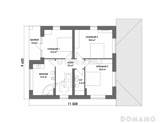 Проект дома из газобетона с 3 спальнями и ванной на втором этаже / План 2 этажа