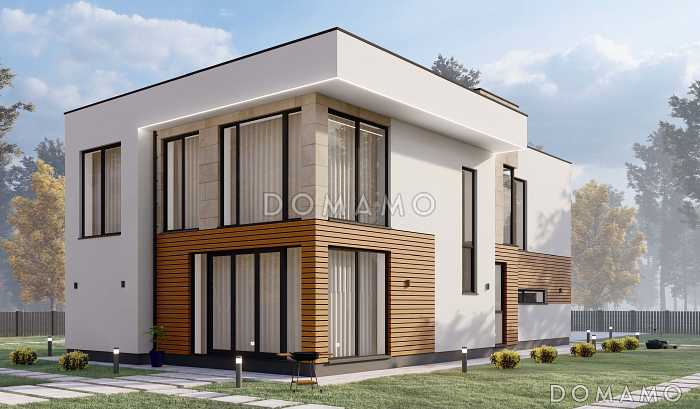 Проект коттеджа в стиле хайтек с гаражом на две машины S-269