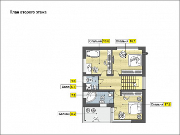 Проект дома с навесом на две машины, крытой террасой, спальней на первом этаже, балконом / План мансардного этажа