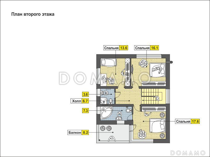 Проект дома с навесом на две машины, крытой террасой, спальней на первом этаже, балконом / План мансардного этажа