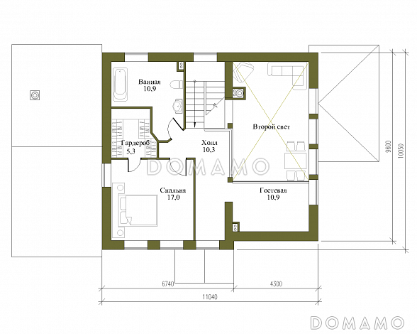 Проект загородного дома под красной кровлей с вторым светом, террасой и гаражом / План мансардного этажа