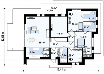 Проект кирпичного дома в стиле барнхаус с кабинетом, комнатой отдыха и увеличенной котельной / План 1 этажа