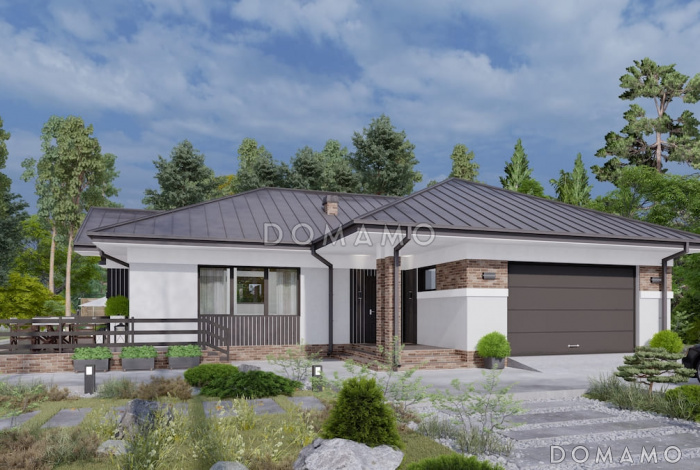 Проект дома из газобетона с двухместным гаражом и двумя террасами