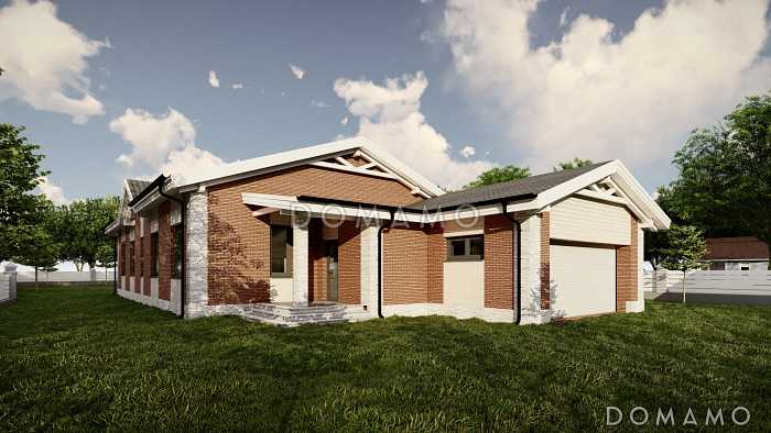 Проект одноэтажного дома с мастер-спальней, кабинетом, гаражом на 2 машины и застекленной террасой