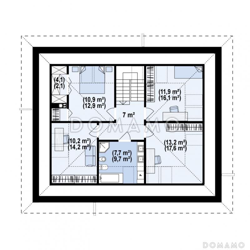 Проект традиционного загородного дома с мансардой, гаражом на одну машину, кладовой на кухне / План мансардного этажа