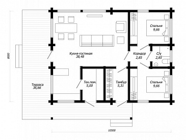 Проект одноэтажного дома из клееного бруса с двумя спальнями / План 1 этажа