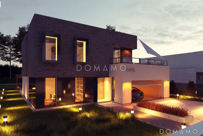 Проект современного двухэтажного дома из кирпича с плоской крышей,  с четырьмя спальнями, кабинетом и гаражом