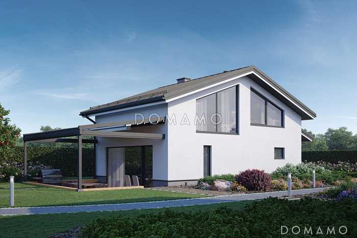 Проект бани с большой кухней-гостиной, террасой и комнатой на антресоли