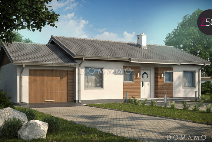 Проект компактного одноэтажного дома из кирпича с тремя спальнями, небольшой крытой террасой и гаражом