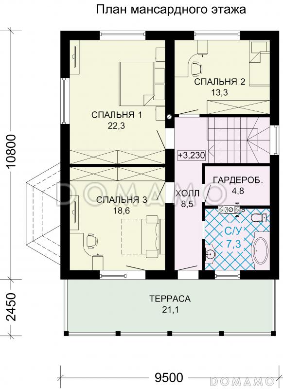 Проект загородного дома из SIP панелей с тремя спальными комнатами на мансардном этаже / План мансардного этажа